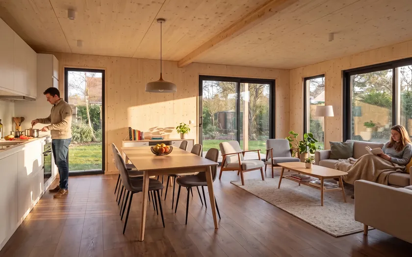 Intérieur lumineux d'une maison ossature bois Greenkub