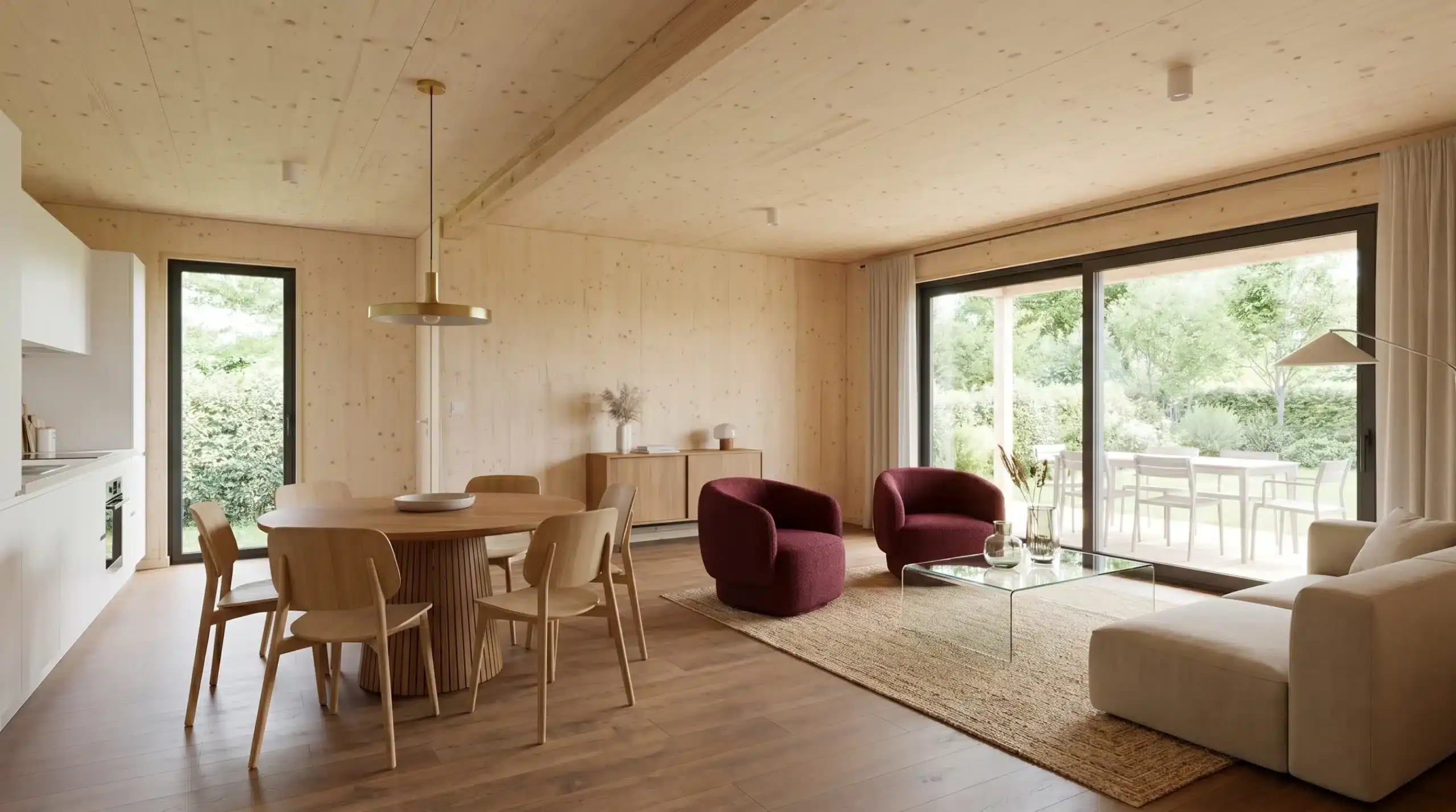 Séjour livré d'une maison Greenkub, cuisine ouverte et grandes baies vitrées