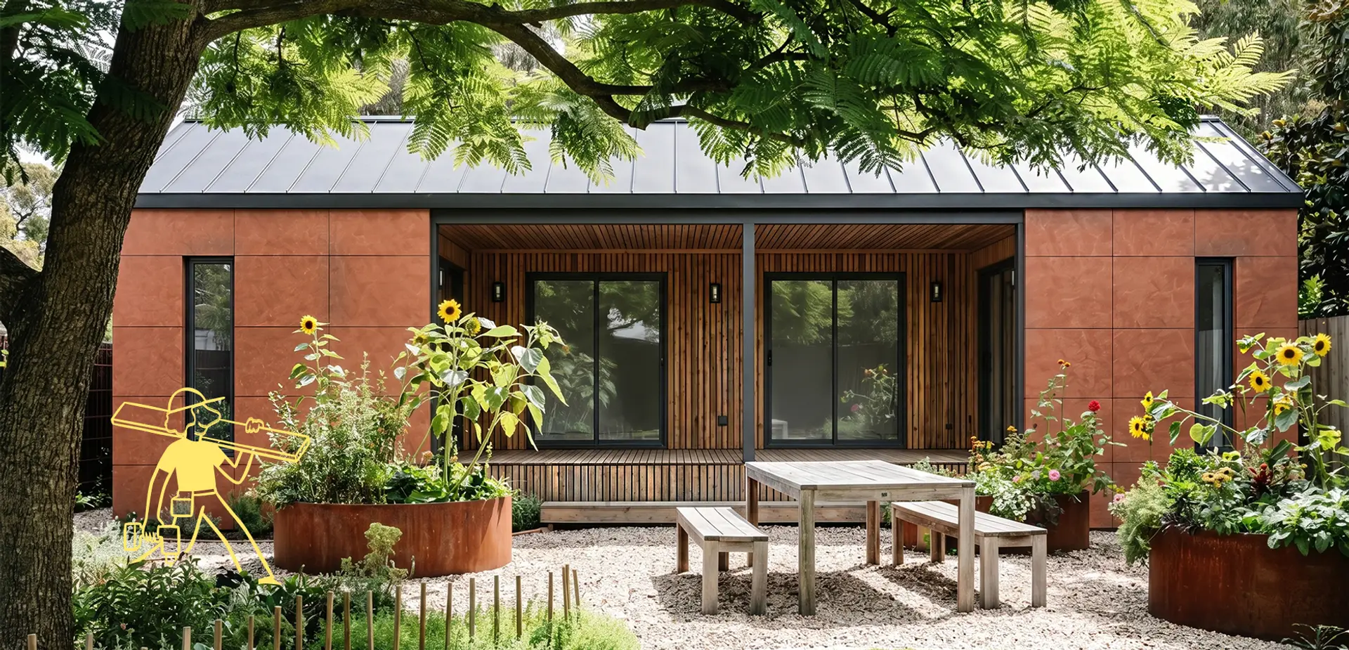 Maison Greenkub en bois, terrasse et jardin fleuri