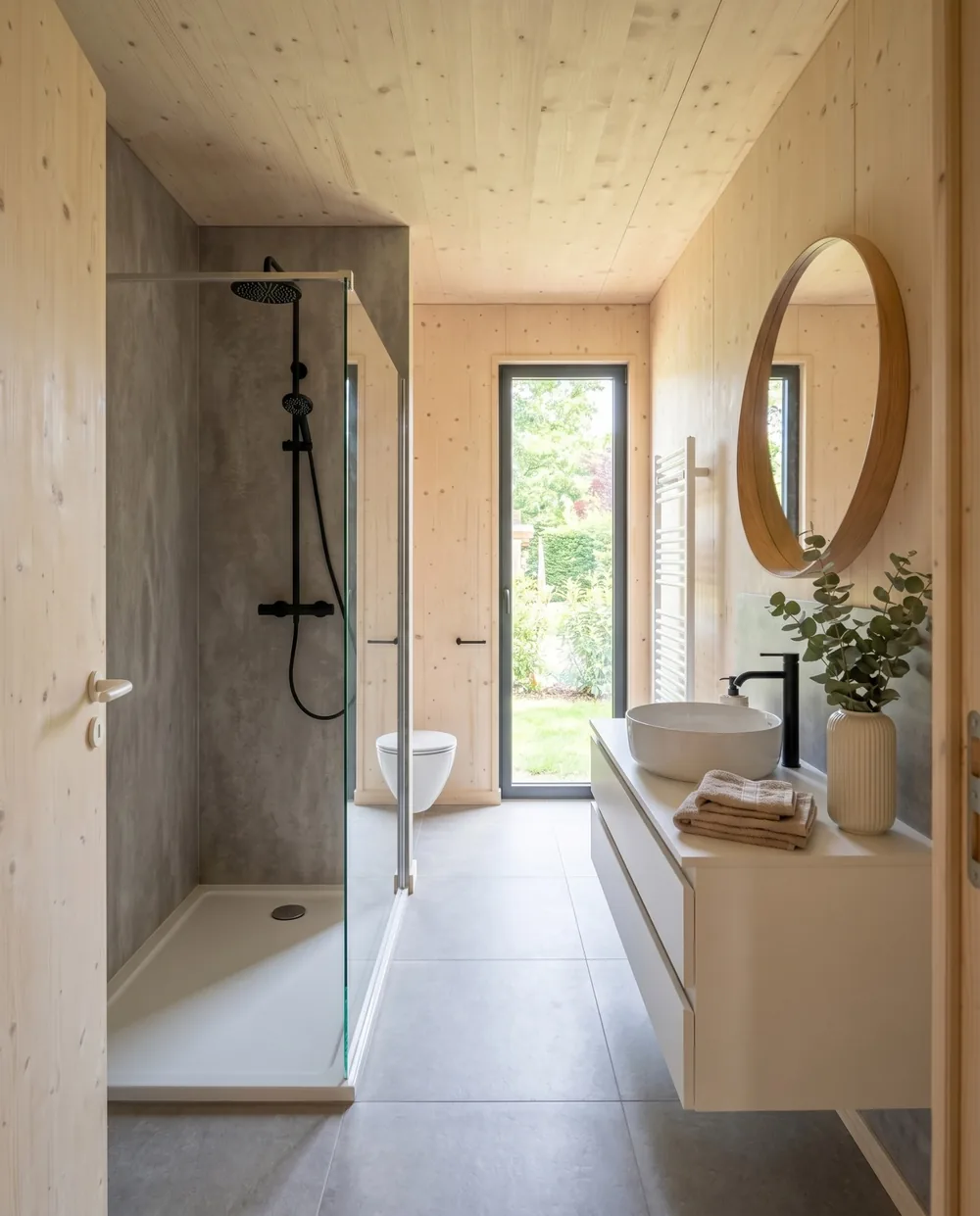 Salle d'eau d'une maison Greenkub 100 m², douche à l'italienne, vasque et miroir rond