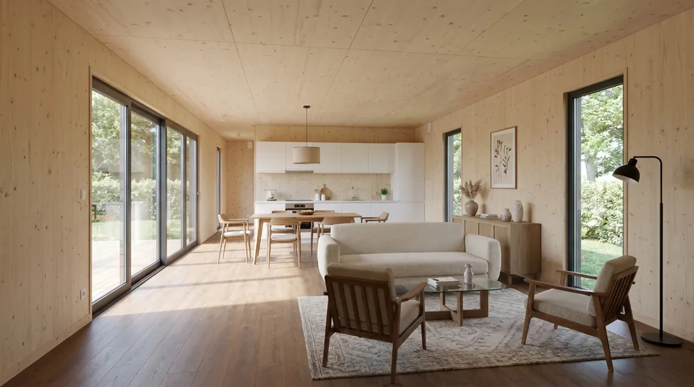 Séjour et cuisine ouverte d'une maison Greenkub 100 m², parement bois épicéa et baies vitrées sur la terrasse