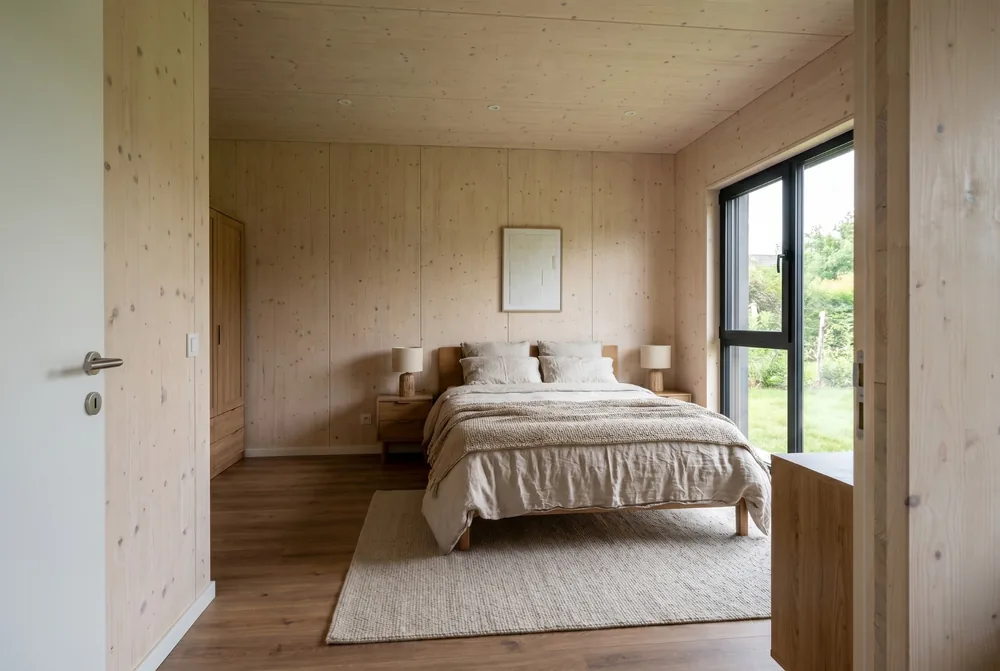 Chambre d'une maison Greenkub 60 m², parement bois épicéa et accès direct au jardin