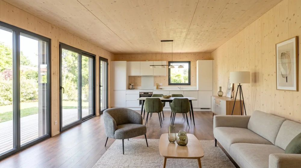 Séjour et cuisine ouverte d'une maison Greenkub 60 m², parement bois épicéa et grandes baies vitrées