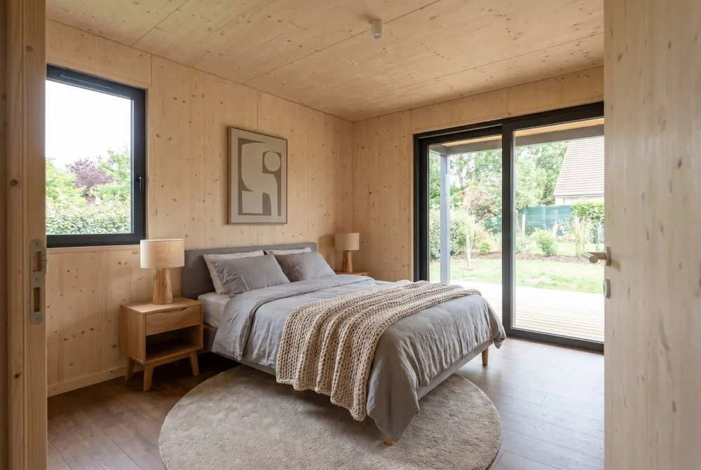 Chambre d'une maison Greenkub 70 m², parement bois épicéa et baie vitrée sur la terrasse