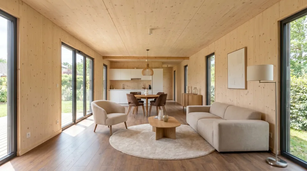 Séjour et cuisine ouverte d'une maison Greenkub 70 m², parement bois épicéa et baies vitrées sur deux façades