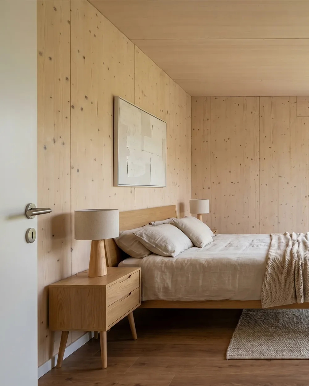Chambre d'une maison Greenkub 80 m², parement bois épicéa et tête de lit en chêne