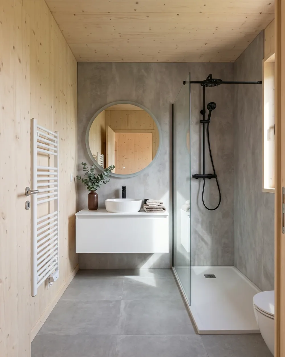 Salle d'eau d'une maison Greenkub 80 m², douche à l'italienne, vasque et sèche-serviettes