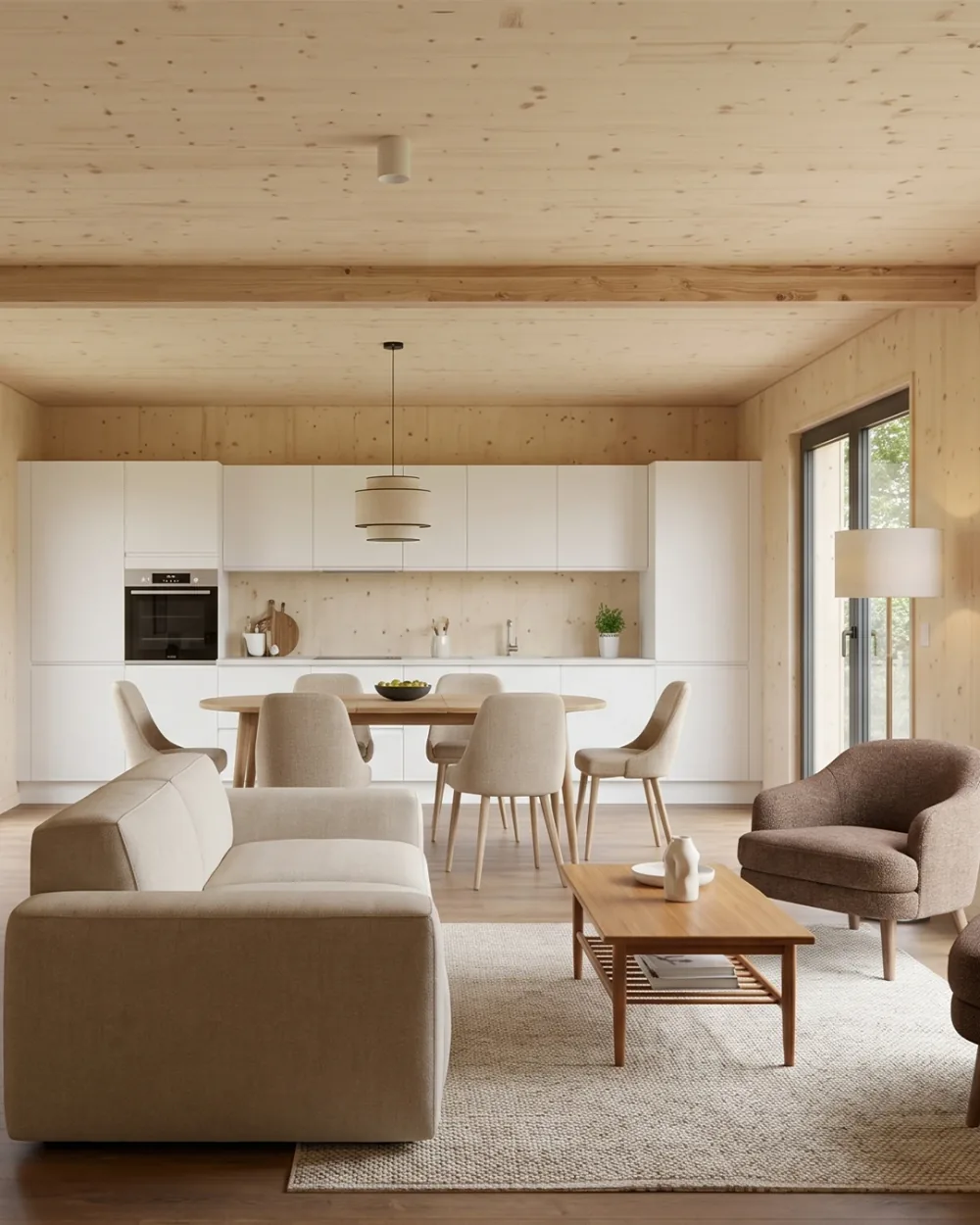 Séjour et cuisine ouverte d'une maison Greenkub 80 m², parement bois épicéa et poutre apparente