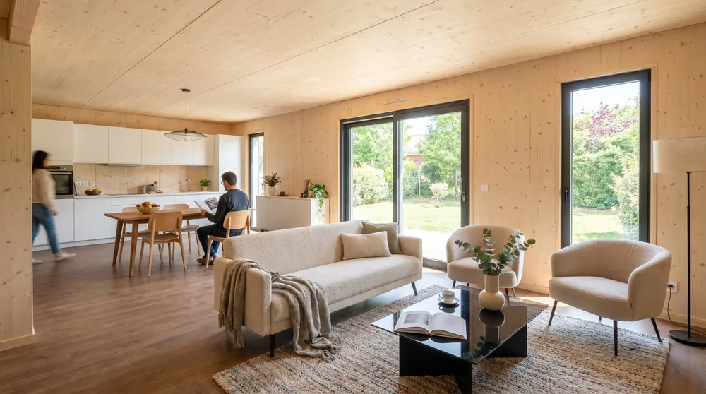 Séjour et cuisine ouverte d'une maison Greenkub 90 m², parement bois épicéa et baies vitrées sur le jardin
