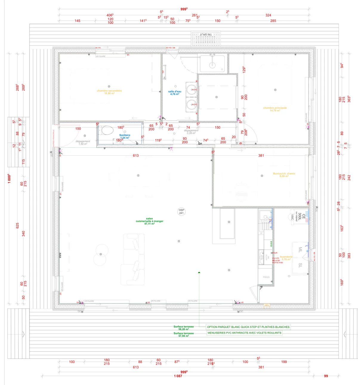 Plan coté du rez-de-chaussée de la maison M100C, 100 m² de plain-pied