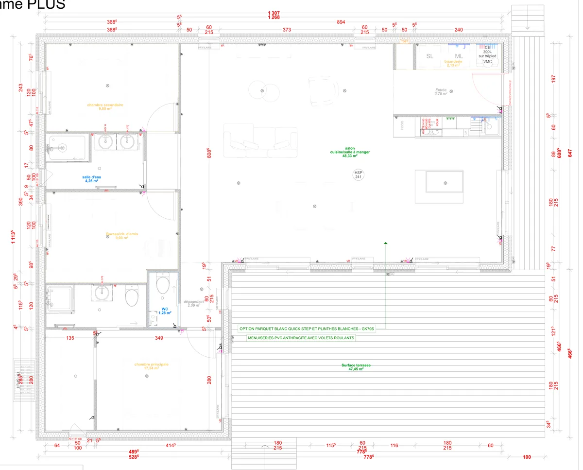 Plan coté du rez-de-chaussée de la maison M100L, 100 m² de plain-pied