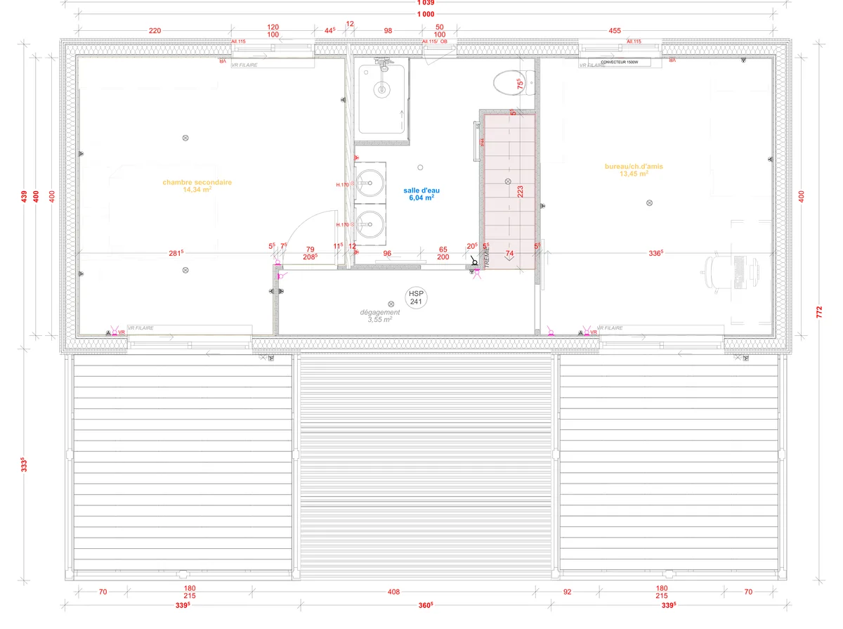 Plan coté du rez-de-chaussée de la maison M100UT, 100 m² à étage