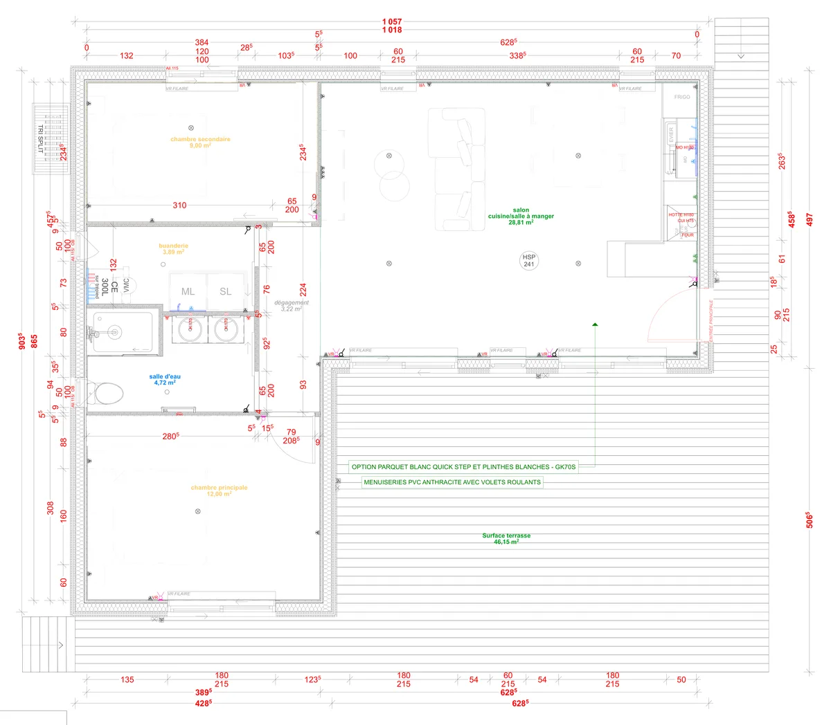 Plan coté du rez-de-chaussée de la maison M60L, 60 m² de plain-pied