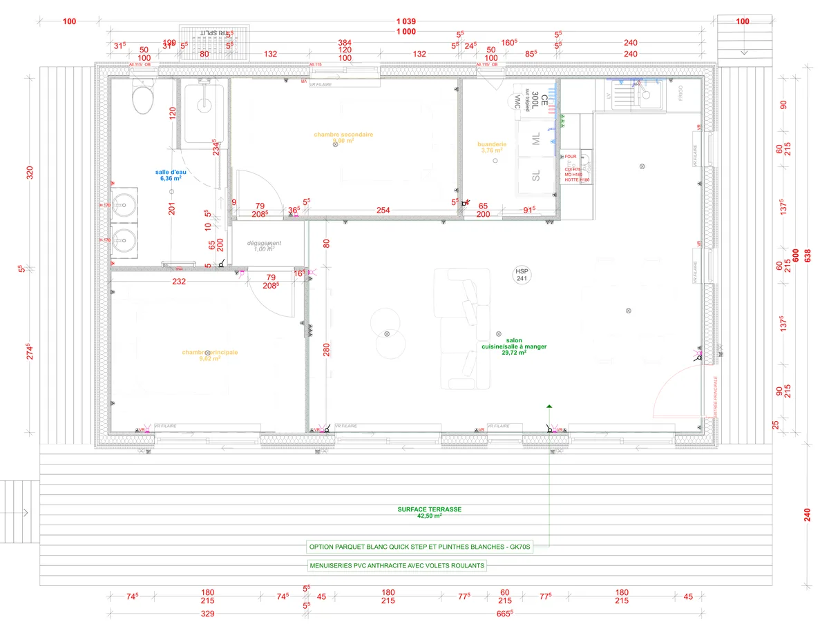 Plan coté du rez-de-chaussée de la maison M60R, 60 m² de plain-pied