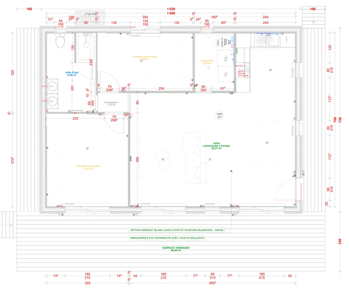 Plan coté du rez-de-chaussée de la maison M70R, 70 m² de plain-pied