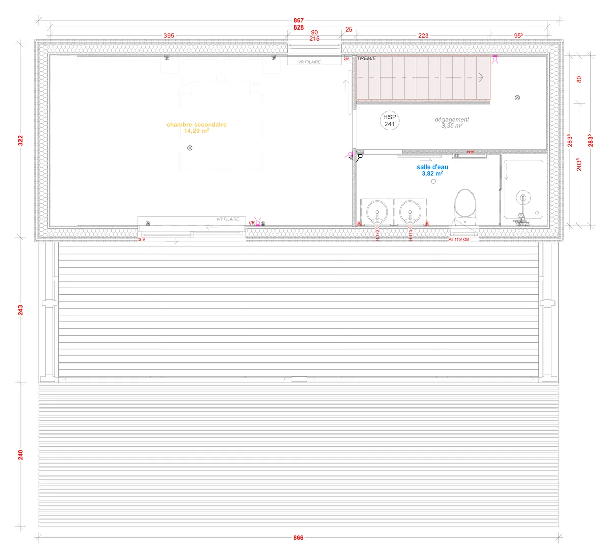 Plan coté du rez-de-chaussée de la maison M70T, 70 m² à étage
