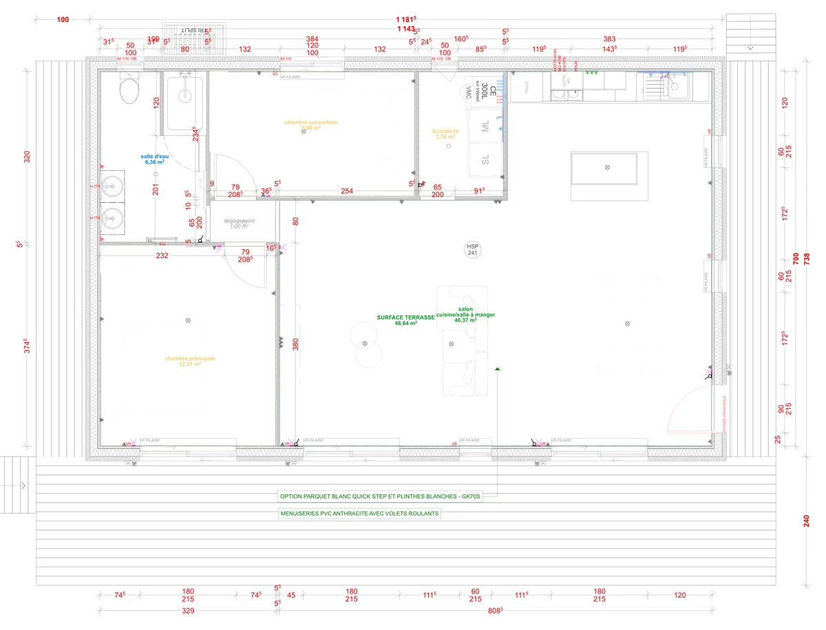 Plan coté du rez-de-chaussée de la maison M80R, 80 m² de plain-pied