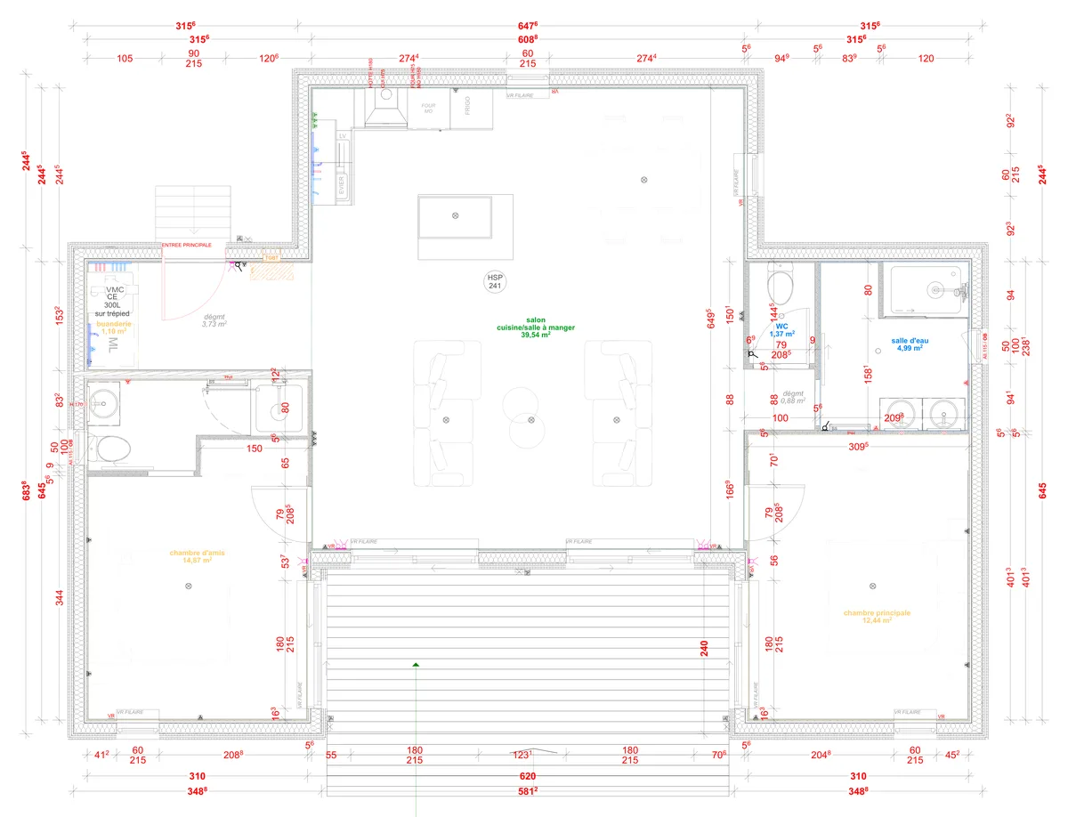 Plan coté de la MI80U, 80 m² en U : chaque pièce cotée avec sa surface, le document remis lors de l'étude de votre projet