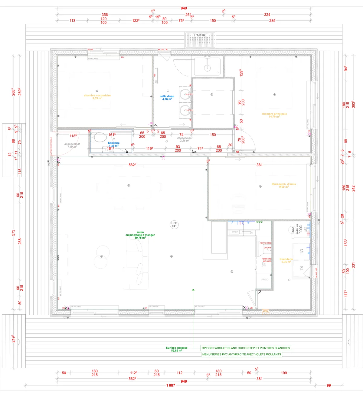 Plan coté du rez-de-chaussée de la maison M90C, 90 m² de plain-pied