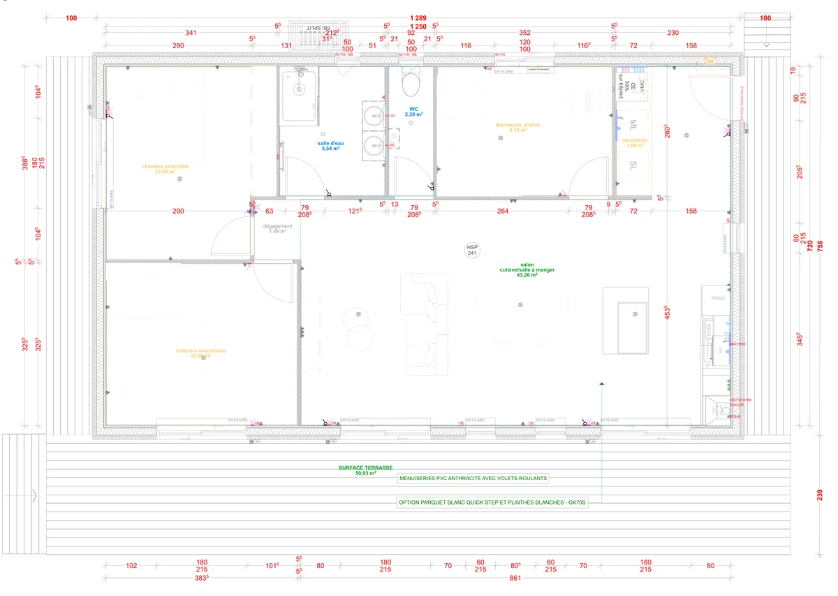 Plan coté du rez-de-chaussée de la maison M90R, 90 m² de plain-pied