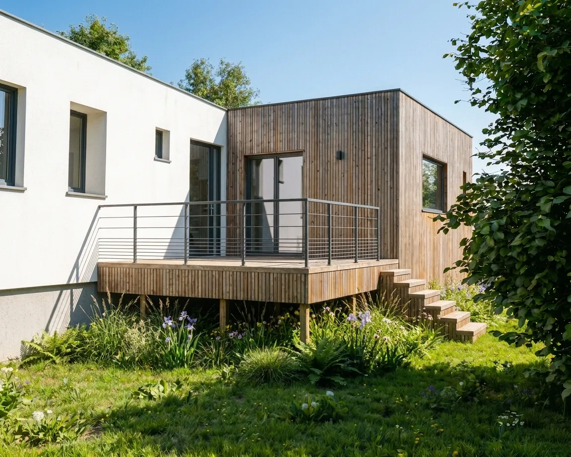 Extension bois Greenkub accolée à une maison, 25 m², agrandissement, Morbihan