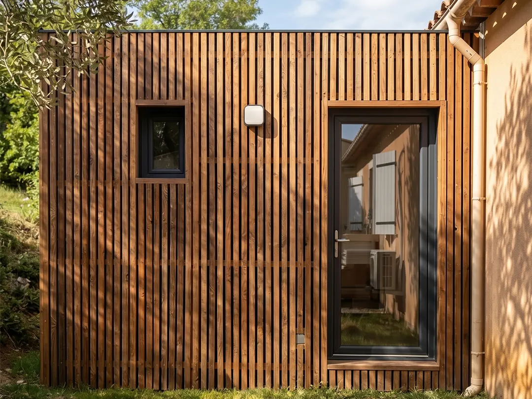 Jonction entre une extension en ossature bois à bardage claire-voie et la façade d'une maison enduite à tuiles, avec la gouttière de la maison existante