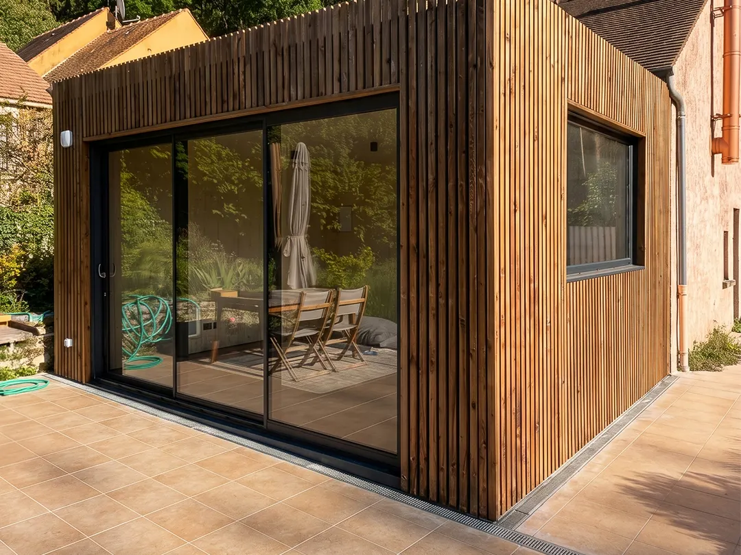 Extension de maison en ossature bois à toit plat accolée à une maison en pierre, grande baie coulissante ouverte sur la terrasse