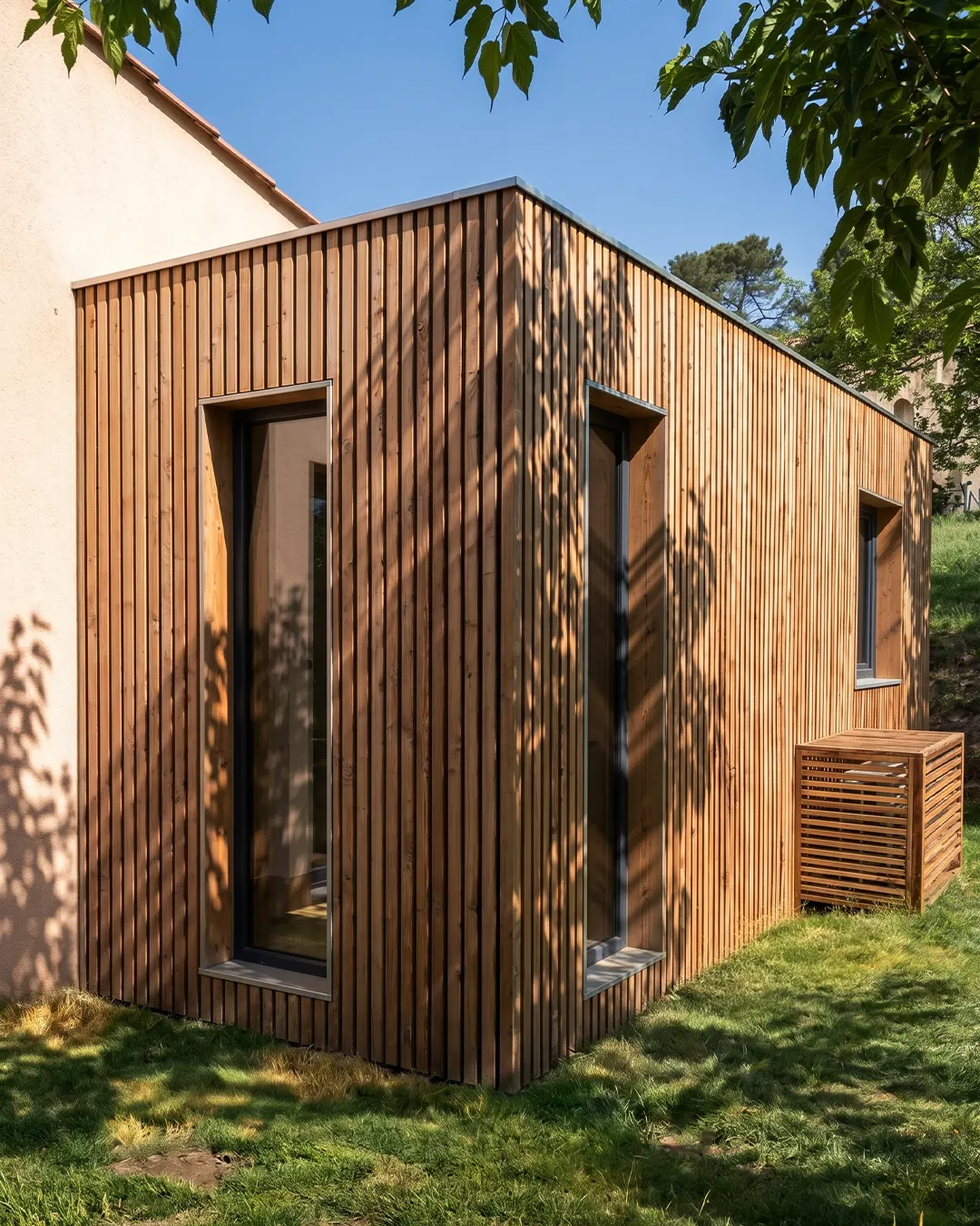 Angle d'une extension de maison en ossature bois à toit plat, bardage pin Douglas vertical en lumière rasante, accolée à une maison enduite