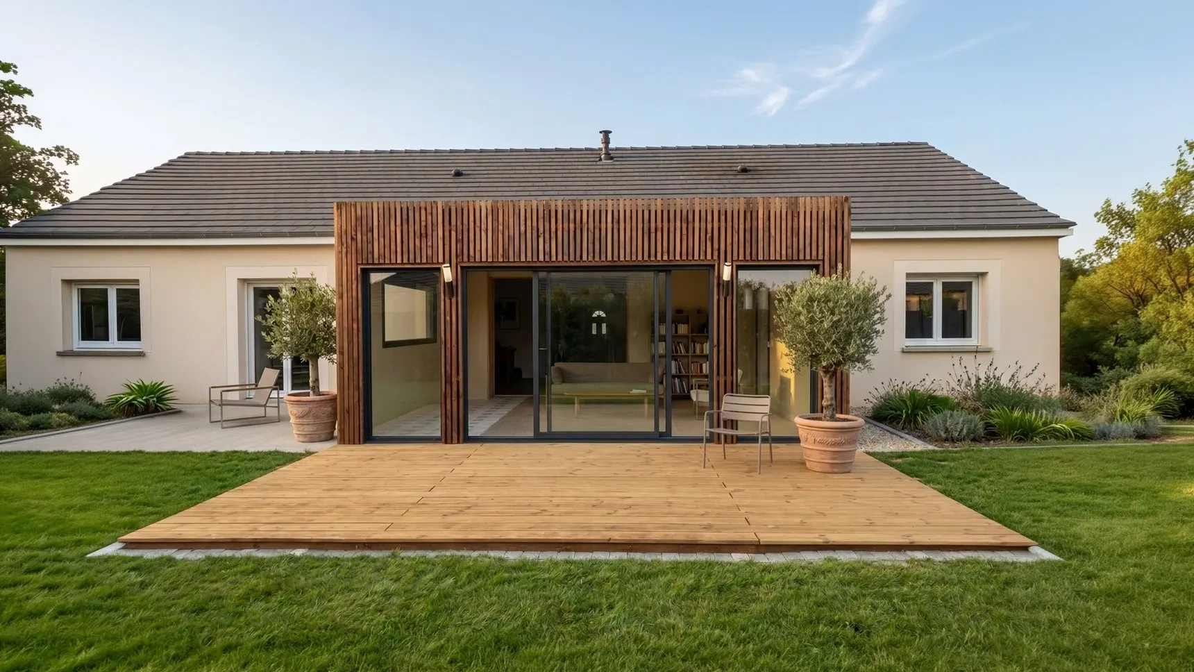 Extension de maison en ossature bois accolée à une maison de plain-pied, vue de face, grandes baies coulissantes ouvertes sur une terrasse bois