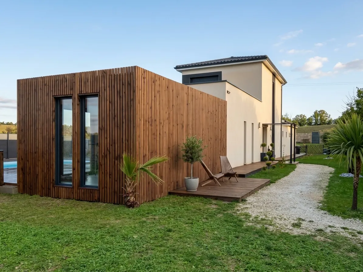 Extension de maison en ossature bois à toit plat avec deck bois, accolée à une maison contemporaine
