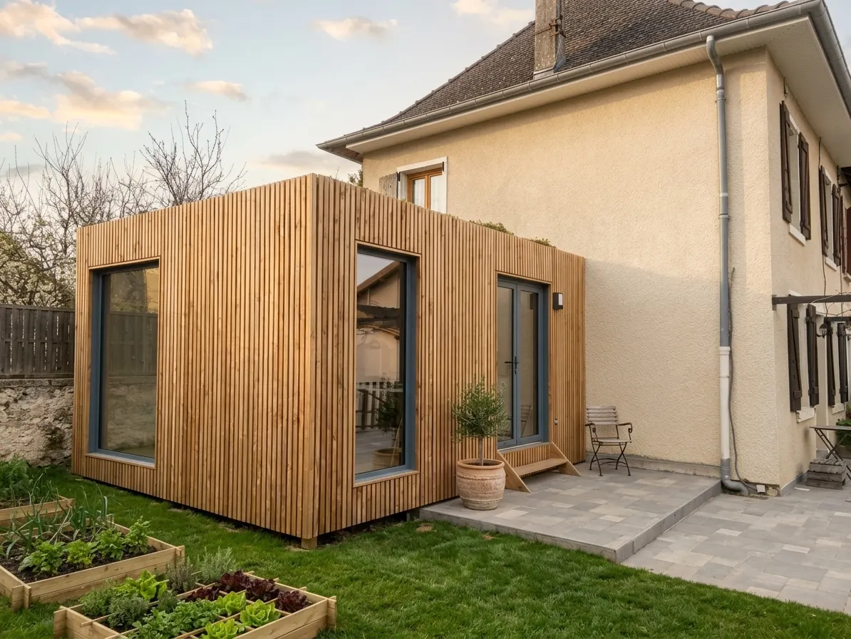 Extension de maison en ossature bois accolée à une maison ancienne enduite, grandes fenêtres et potager au premier plan