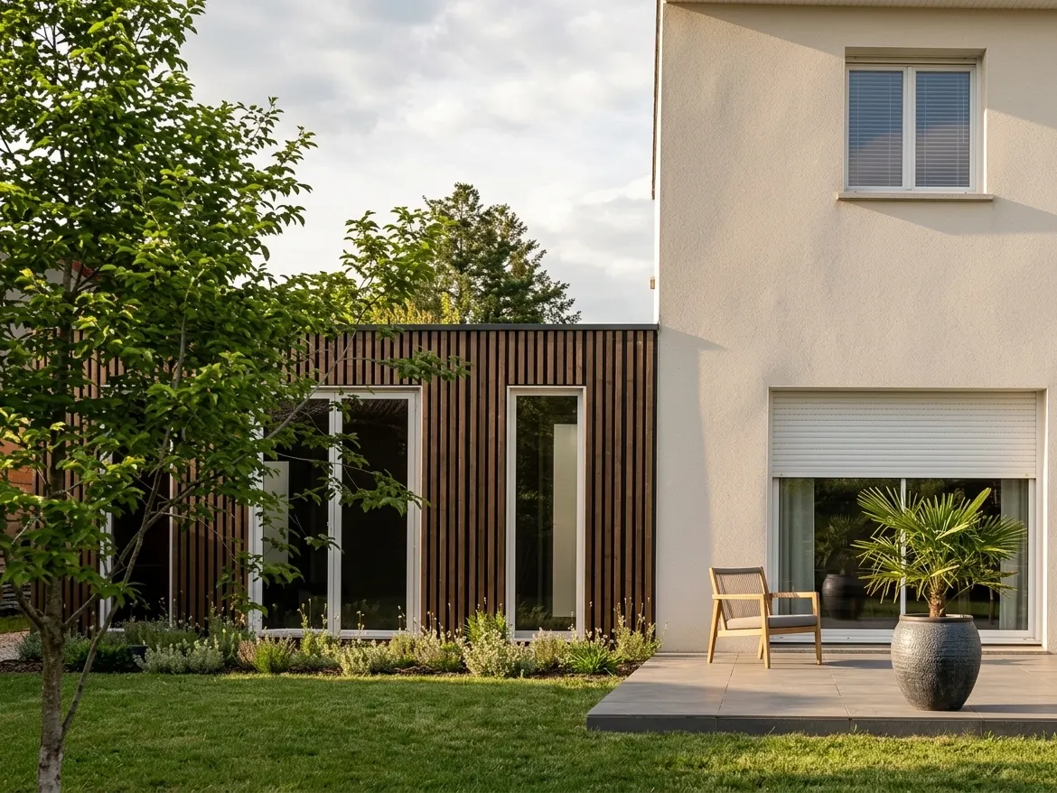 Extension de maison en ossature bois à bardage vertical accolée à une maison à étage, grandes baies sur le jardin