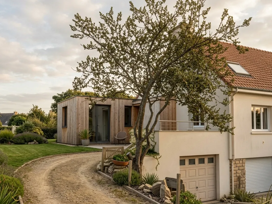 Extension de maison en ossature bois à bardage clair prolongeant une maison sur sous-sol, dans un jardin paysager