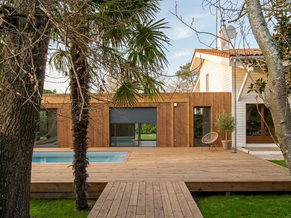 Extension de maison en ossature bois de plain-pied avec deck bois et piscine, entre les arbres