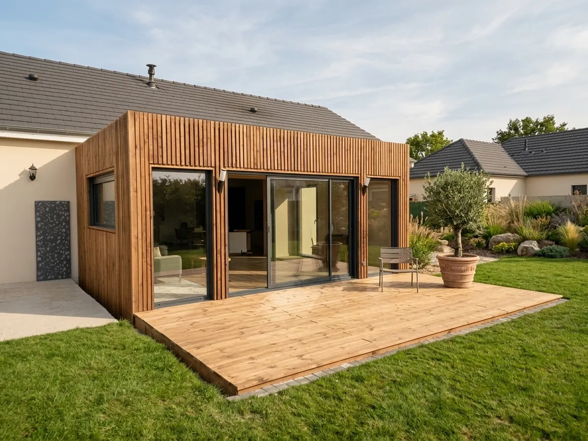 Extension de maison en ossature bois vue d'angle, baies coulissantes ouvertes sur une terrasse bois