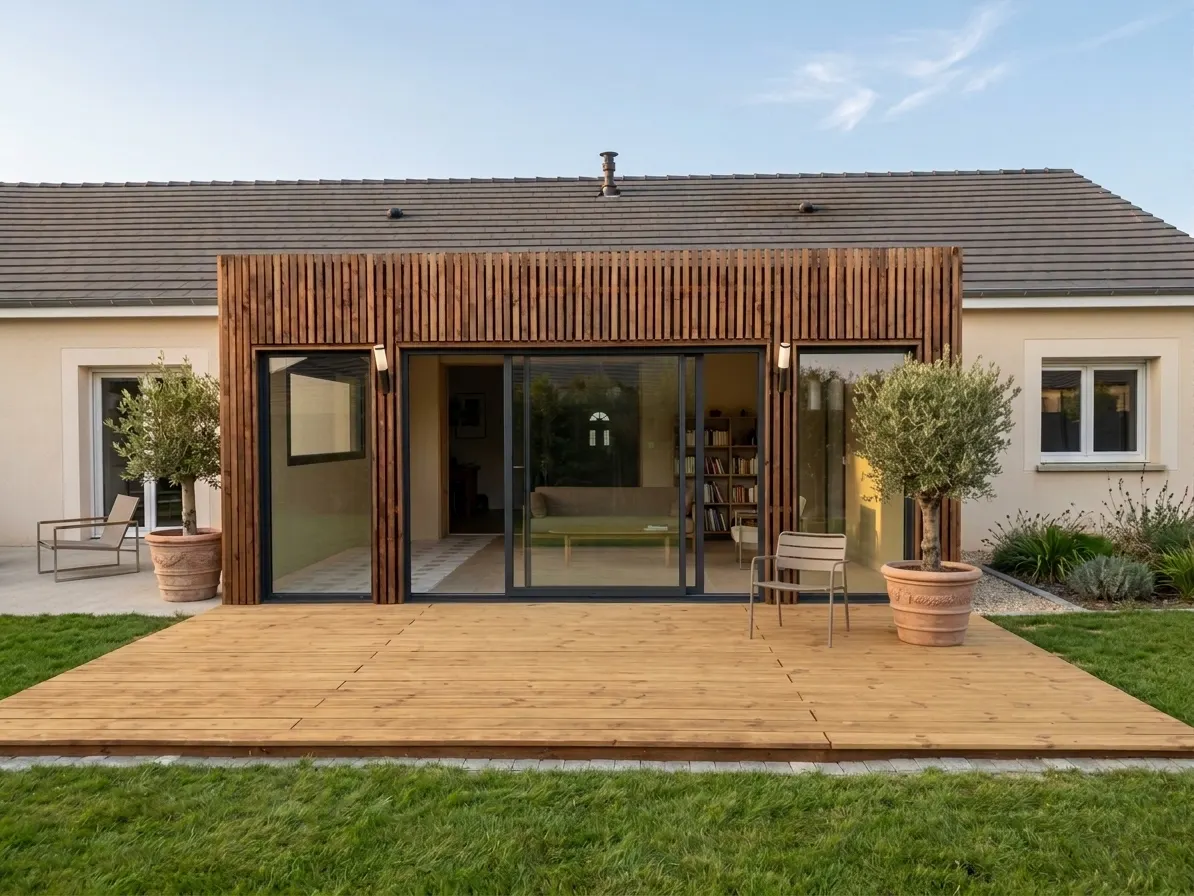 Extension de maison de plain-pied en ossature bois Greenkub, accolée à une maison existante