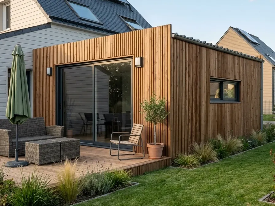 Extension de maison en ossature bois à toit plat avec terrasse et salon de jardin, accolée à une maison à toiture ardoise