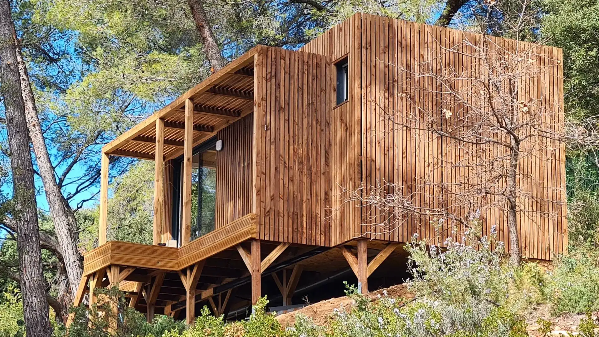 Studio de jardin Greenkub en ossature bois posé sur pilotis dans une pinède, terrasse couverte sur un terrain en pente