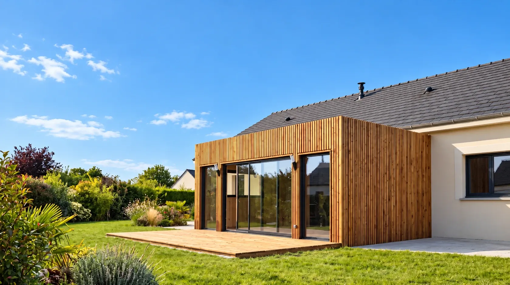 Extension de maison en ossature bois à bardage vertical et baies coulissantes, accolée à une maison de plain-pied, terrasse bois sur jardin