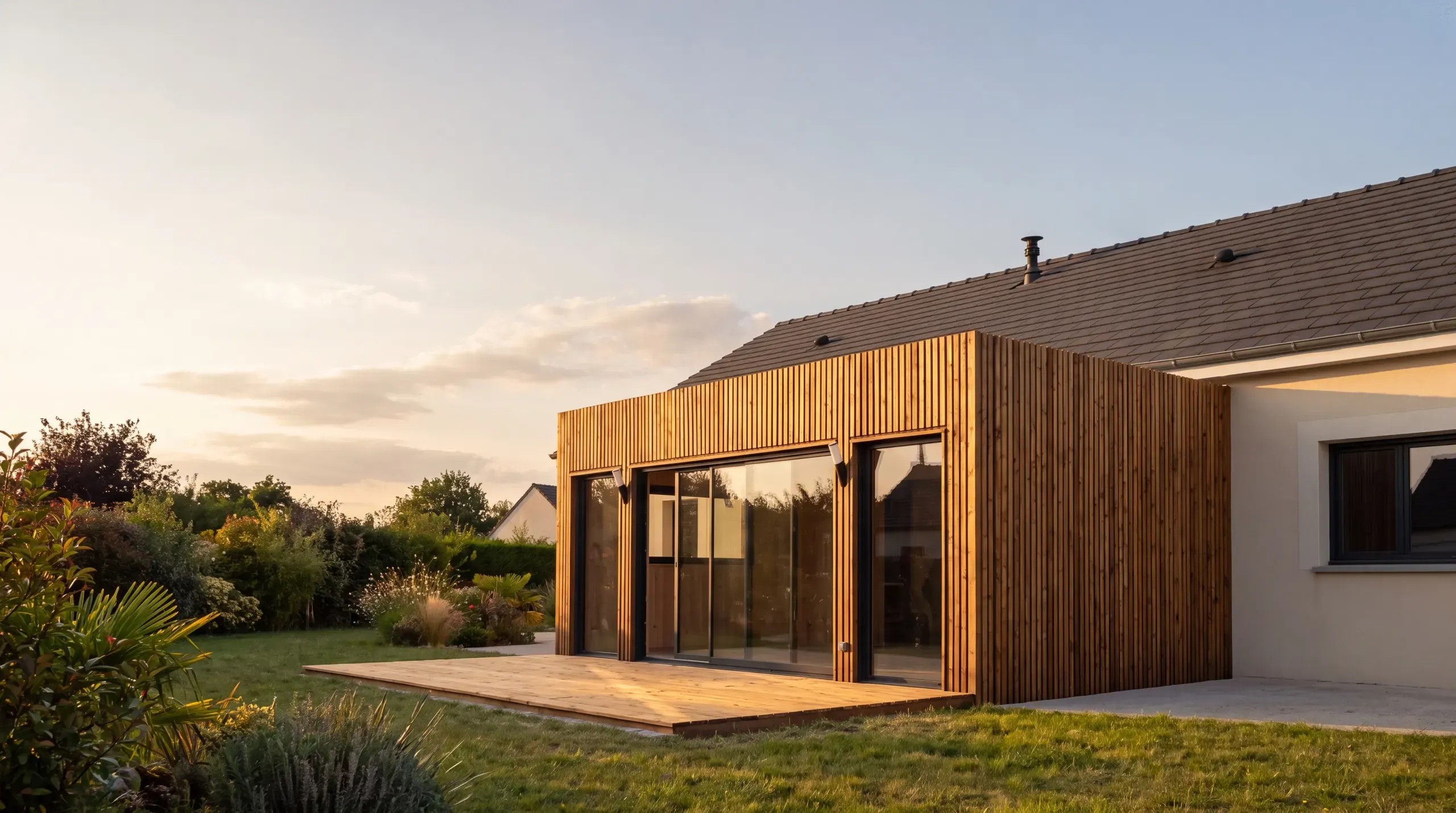 Extension de maison en ossature bois Greenkub accolée à une maison