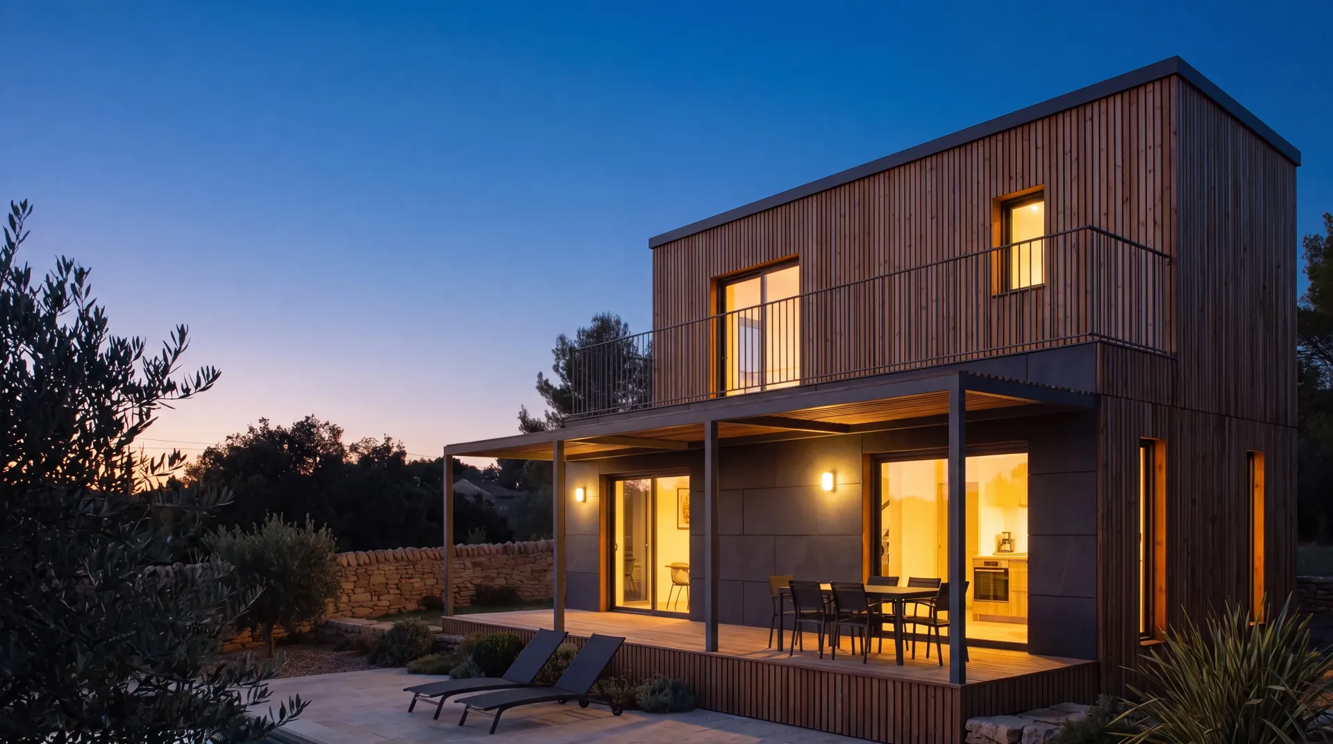 Maison en bois Greenkub au crépuscule, terrasse et jardin