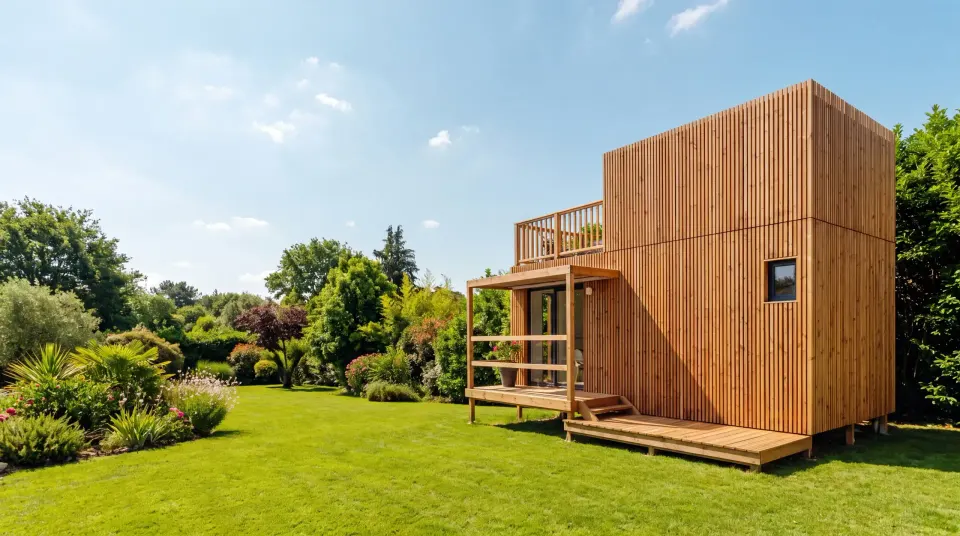 Studio de jardin Greenkub en ossature bois, terrasse et jardin
