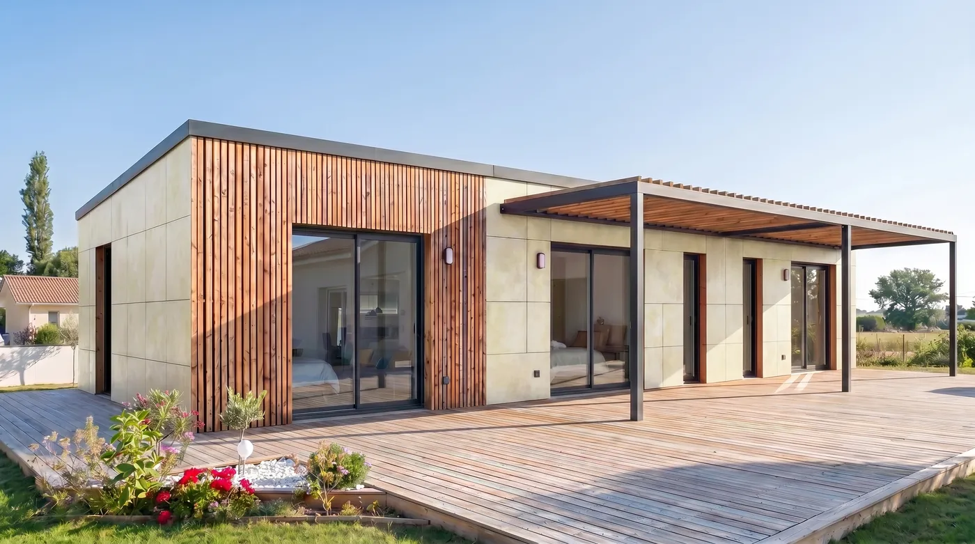Façade Viroc blanc et claire-voie Douglas sur la maison Greenkub MI90C
