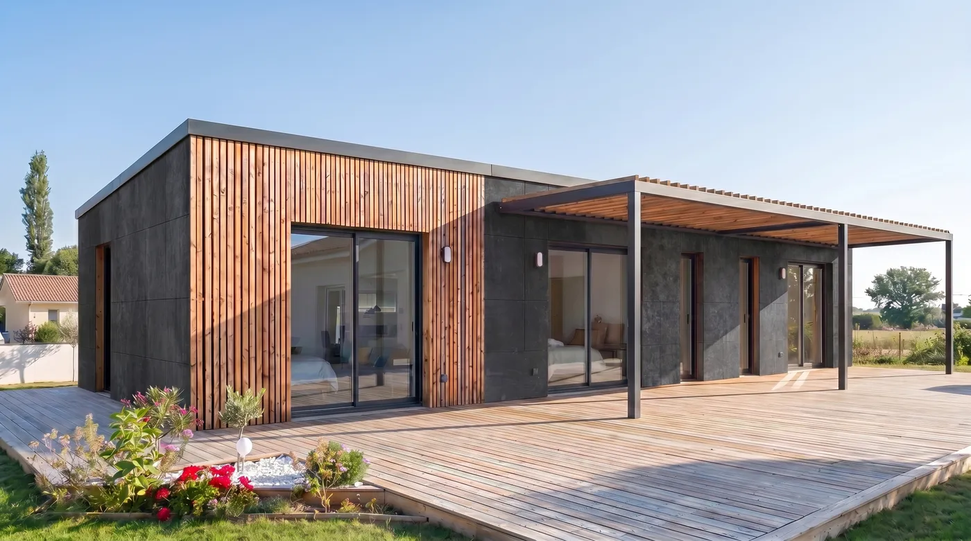 Façade Viroc noir et claire-voie Douglas sur la maison Greenkub MI90C
