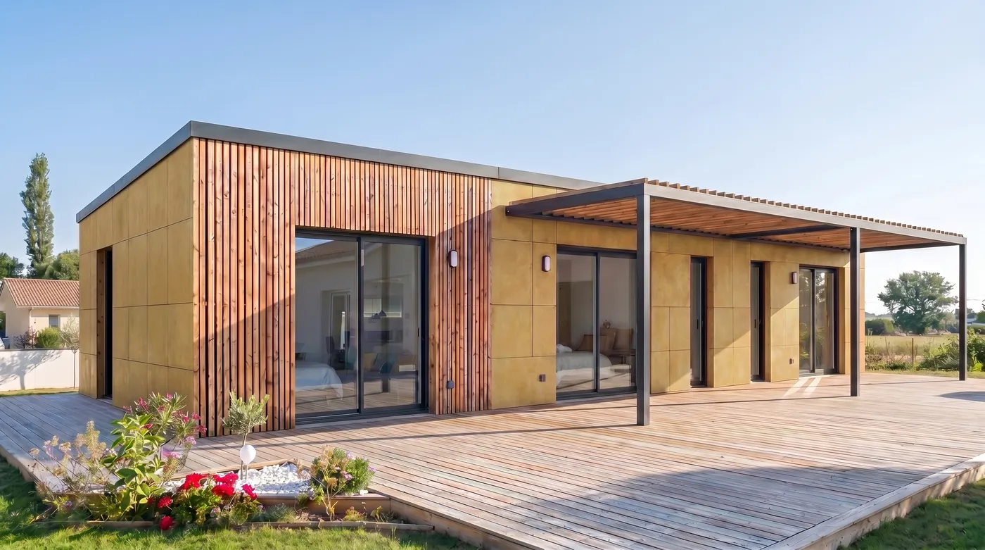Façade Viroc ocre et claire-voie Douglas sur la maison Greenkub MI90C