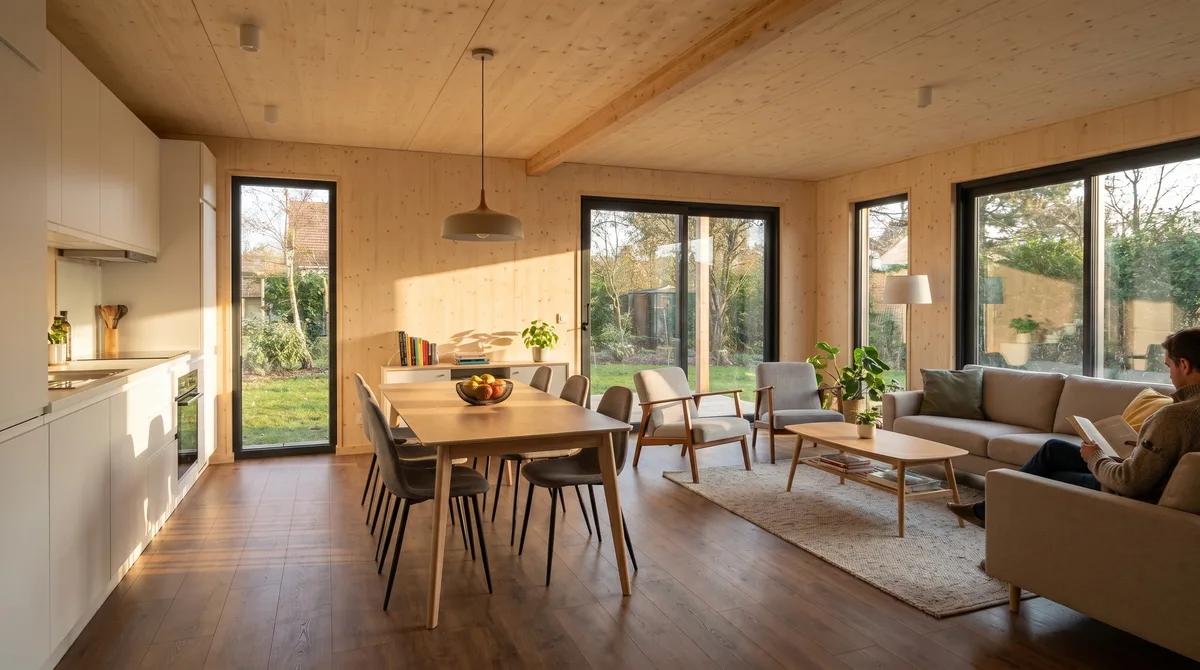 Séjour lumineux d'une maison en bois Greenkub MI100T, parement bois massif épicéa, cuisine ouverte et baies vitrées sur le jardin