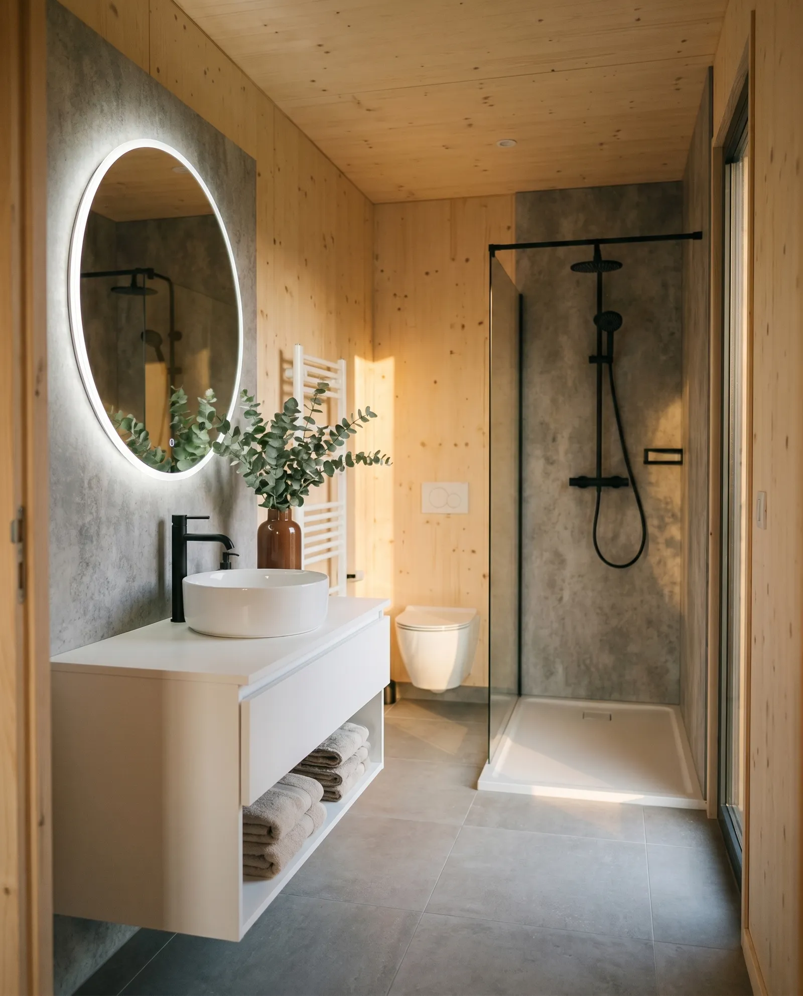 Salle d'eau, douche de plain-pied, M100T, maison en bois Greenkub de 100 m²