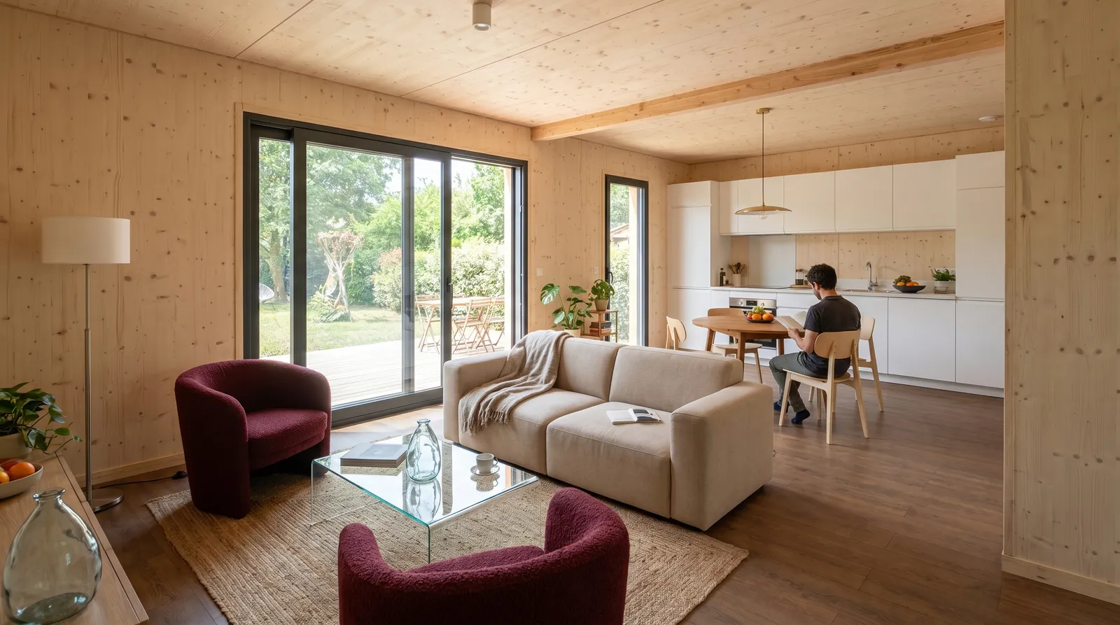 Séjour ouvert sur la terrasse, M100L, maison en bois Greenkub de 100 m²
