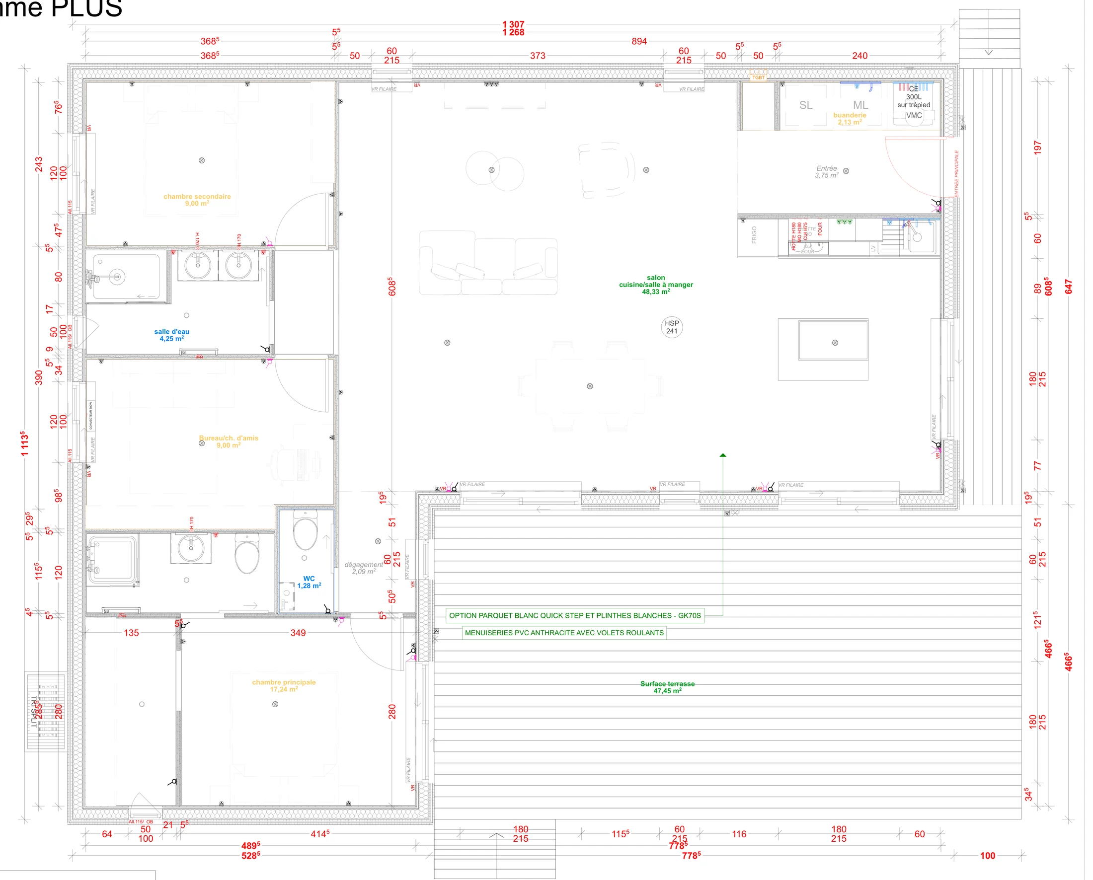 Plan coté de la maison en L Greenkub MI100L, 100 m² de plain-pied
