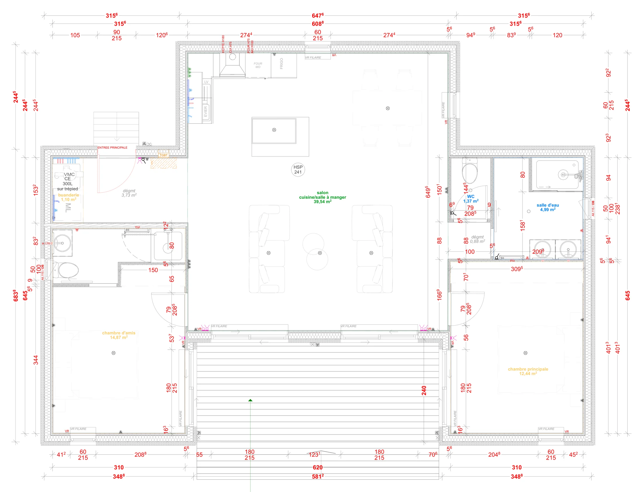 Plan coté de la maison en U Greenkub MI80U, 80 m² de plain-pied avec patio